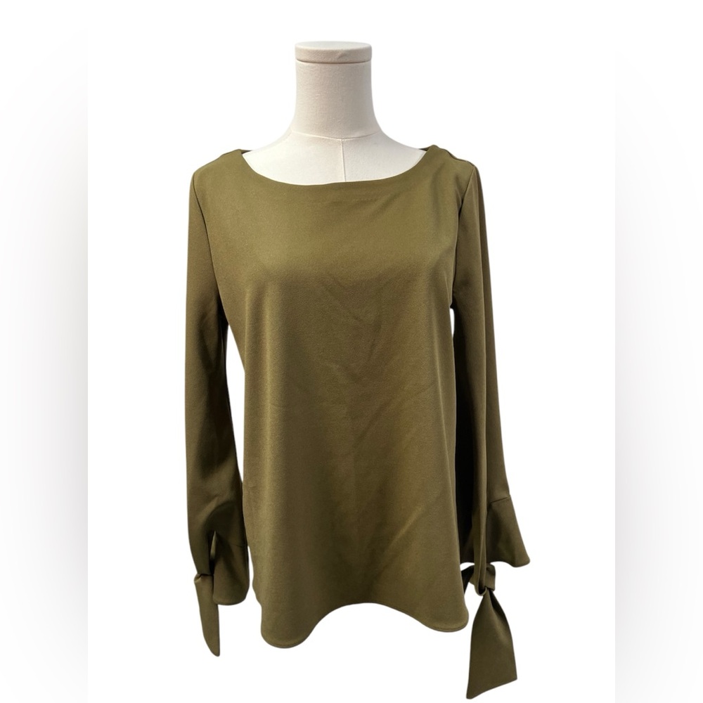 Ann Taylor Long Sleeve Tie Sleeve Blouse Green Round Neck Womens Medium‎